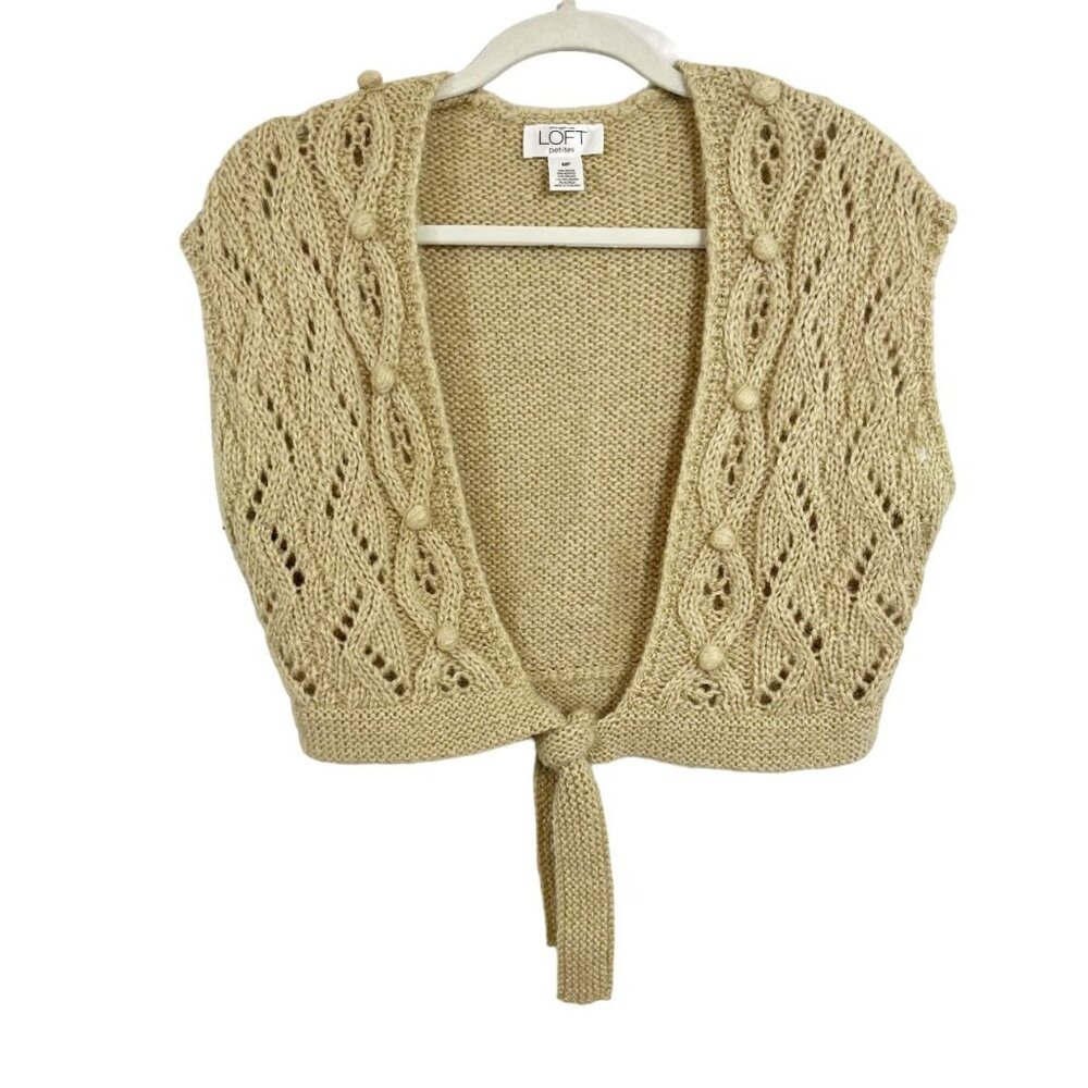Vintage Y2K 90s Cropped Cable Knit Vest Tie Front Pom Pom Size Medium Petite
